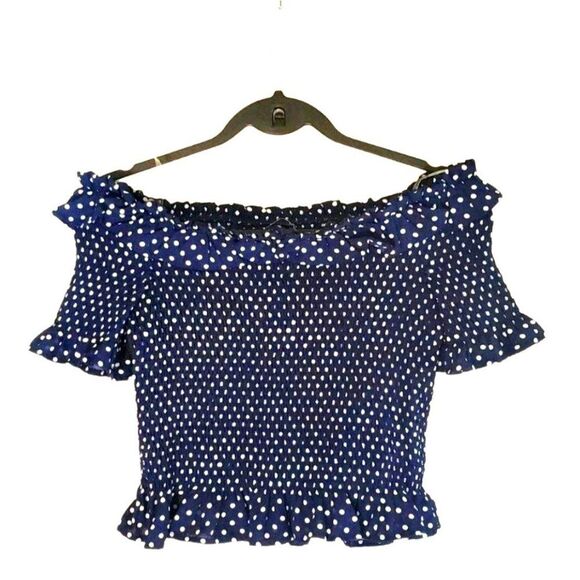 Tops - Biashe Womens Top Blue L Off-the-Shoulder Polka Dot Top New